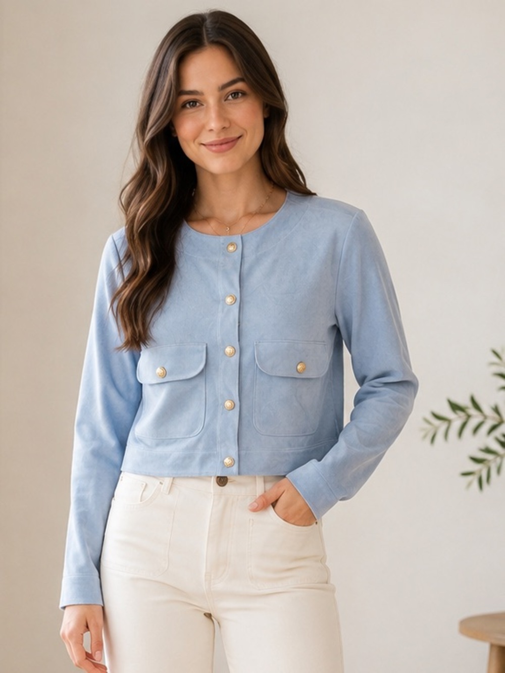 JohnPaulRichard Light Blue Suede Button-Front Jacket